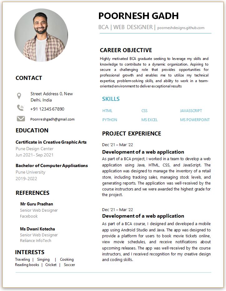 BCA Fresher resume for Web Developer jobs